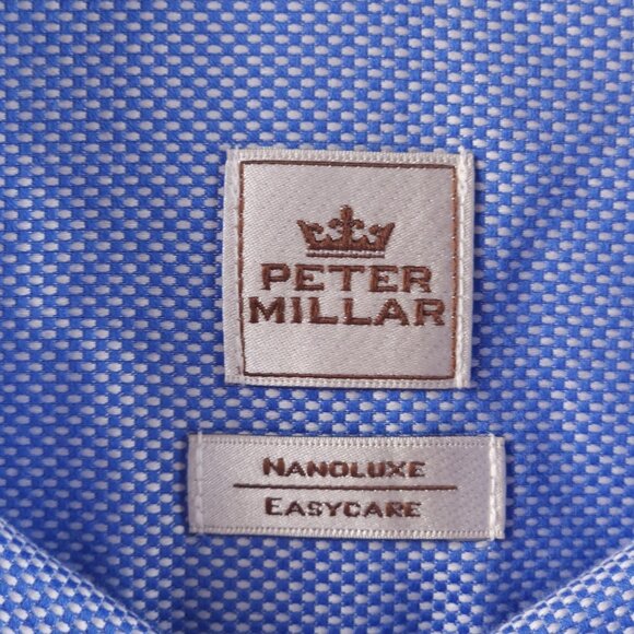 Peter Millar Check Button-Down Cotton Nanoluxe Medium Blue Long Sleeve Mens - Picture 9 of 16